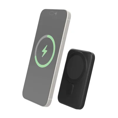 Image de Powerbank sans fil MagSafe 5000mAh 2 ports USB A+C 10W Qi Bracelet Silicone Noir Bigben