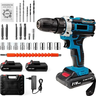 Produktbild von 21V Akku Schlagbohrschrauber - Bohrmaschine/Schraubendreher - 1600 U/min - Schlagfunktion - 2 Akkus - stufenlose Drehzahl - Blaues Set