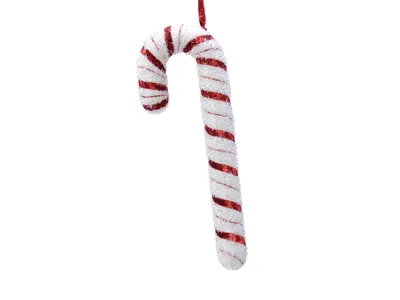 A glittery candy cane ornament hangs against a white background.