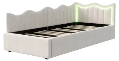 Zdjęcie produktu dla Łóżko dziecięce jednoosobowe - rozkładana sofa 90 x 200 cm - tapicerowane łóżko z miejscem do przechowywania - oświetlenie LED - rama drewniana - aksamit, bez materaca