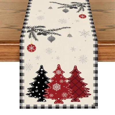 Obrázek produktu pro Běžná dekorace na stůl, Vánoce, bílá, 230x33 cm, len, motiv sněhových vloček a vánočních stromků