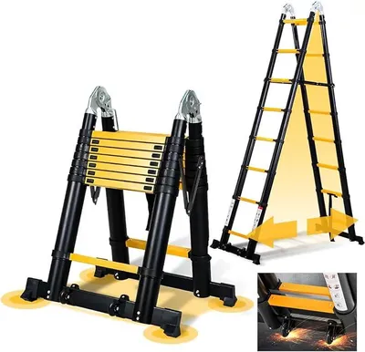 Imagen del producto de Escalera telescópica plegable Silecomplaza, aluminio, 5 metros. Escalera extensible, escalera de aluminio antideslizante, escalera de pie, escalera multiusos, escalera de aluminio extensible. Capacidad de carga: 150 kg. Color: y amarillo