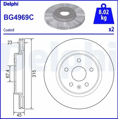 Produktbild von 2x DELPHI Bremsscheibe BG4969C für OPEL INSIGNIA Caravan INSIGNIA CC 45mm 315mm