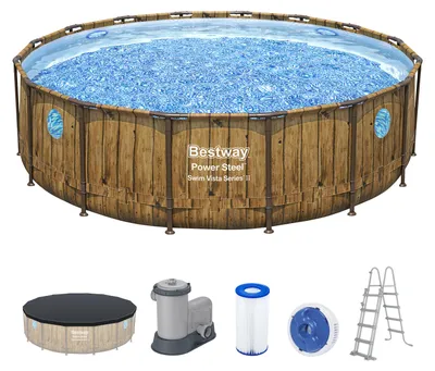 Produktbild von Bestway® Power Steel™ Swim Vista Series™ Frame Pool Komplett-Set mit Filterpumpe Ø 488 x 122 cm, Holz-Optik (Pinie), rund