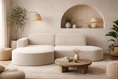 A modern living room with a sectional sofa, coffee table, and decorative elements.