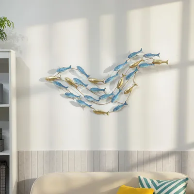 Produktbild von Wandbild Metall Fischdesign hellblau-gold, Wandkunst rostbeständig modern, Metallbild Unterwasser, Hellblau | 99,7 x 50,2 cm | 0,75 kg