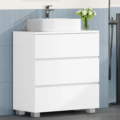 Image de Meuble sous-lavabo, armoire de salle de bain, 30x60x63 cm, blanc. Meuble de salle de bain avec 3 grands tiroirs, meuble sous-lavabo sur pieds, meuble de salle de bain autoportant