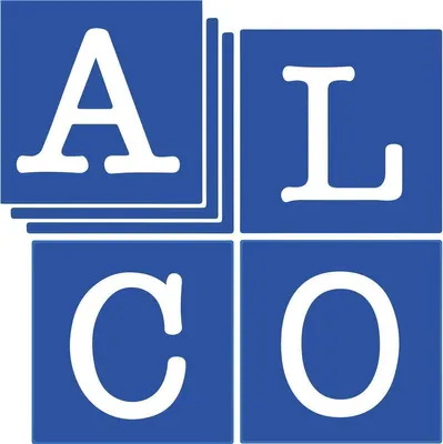 The image shows four blue squares arranged in a 2x2 grid, with letters on each square. The top-left square has the letter 'A', the top-right has 'L', the bottom-left has 'C', and the bottom-right has 'O'. The 'A' square is slightly offset and layered over 
