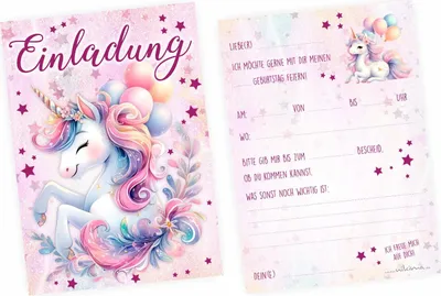 Produktbild von 10 Einladungskarten Einhorn rosa zum Kindergeburtstag inkl. 10 Briefumschlägen