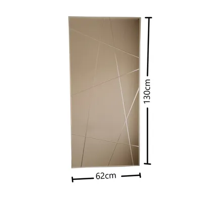 A tall, rectangular mirror with a geometric pattern of thin lines, shown against a white background with dimensions indicated.