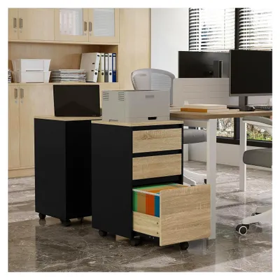 Produktbild von Mobiler Aktenschrank mit Rollen, Aufbewahrungsschrank für Aktenordner, Büroschrank mit 3 Schubladen, helle Eiche schwarz, 40x71.5x40cm