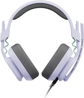 A top-down view of a pair of purple gaming headphones against a white background.