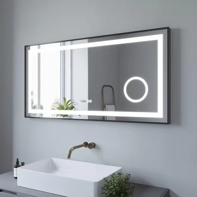 Produktbild von 120x60 cm LED Badspiegel mit Beleuchtung Digital Uhr,Touch Dimmbare Kaltweiß, Beschlagfrei Heizung Schminkspiegel 3-Fach Vergrößerung, Badezimmerspiegel Aluminiumrahmen Schwarz matt