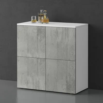 Immagine prodotto di doporro Mobile Organizzatore Credenza Buffet in Legno con 4 Ante Push-to-Open e Soft-Close per Soggiorno, Sala da Pranzo o Ingresso, 76x36,4x76 cm Bianco opaco e Calcestruzzo Schrank04