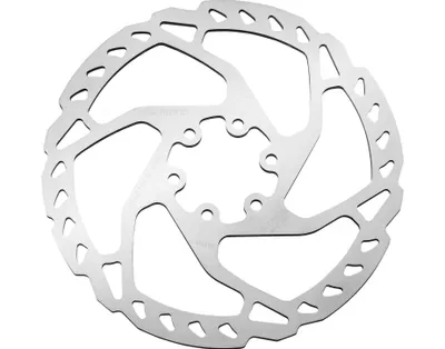 A silver disc brake rotor for a bicycle, shown against a white background.
