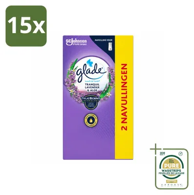 Imagen del producto de 15 recambios para ambientador Glade Touch & Fresh, aroma relajante de lavanda y aloe, 10 ml, pack ahorro, 15 unidades