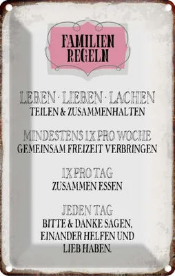 Produktbild von vianmo Blechschild 18x12 cm Familien Regeln leben lieben Familie Freunde