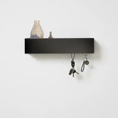 Immagine prodotto di Pannello portachiavi con ripiano, 30 cm, nero, metallo e legno, con 5 ganci