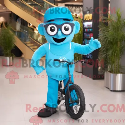 Produktbild von Maskottchen REDBROKOLY eines cyanfarbenen Einradfahrers mit Latzhose und Brille