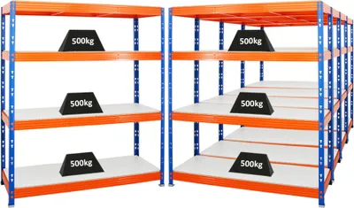 Produktbild von Mega Deal | 5x Profi Schwerlastregal Rhino | HxBxT 180x160x60cm | 4 Melamin-Ebenen 16mm | Fachlast 500kg | Blau-Orange