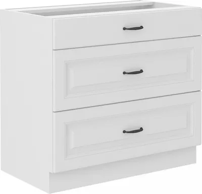 A white cabinet with three drawers and dark handles.