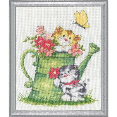 Produktbild von Design Works Kreuzstich Stickpackung "Katzen mit Gießkanne", Zählmuster, 20x25cm