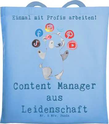 Produktbild von Mr. & Mrs. Panda Tote Bag Content Manager Leidenschaft - Sky Blue - Geschenk, Tasche, Beutel, Shopping, Jutebeutel, Einkaufstasche