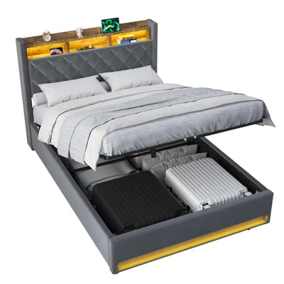 Produktbild von MODFU Jugendbett 140×200 mit LED-Kopfteil und Stauraum,Hydraulisches Polsterbett,Doppelbett Boxspringbett mit Bettkasten und USB-Anschluss,Samt,ohne Matratze,Grau
