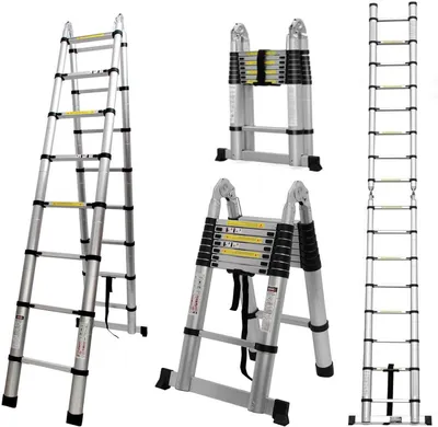 Immagine prodotto di Scala telescopica da 5 metri, 2-in-1, multifunzione, pieghevole, con portata massima di 150 kg (2,5 + 2,5 metri), colore argento e nero