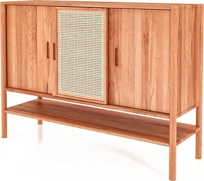 Produktbild von Kommode Zola Kernbuche massiv mit Rattan 142x101 cm mit 3 Schiebetüren