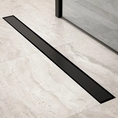 Produktbild von Duschrinne – 90 cm – Mattschwarz – Fliesenrost – Edelstahl – mit Flansch