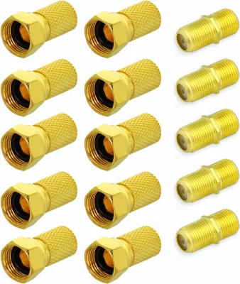Produktbild von F-Stecker 6,5-7 mm + F-Doppelbuchse Vergoldet Kupplung Sat TV Antennen Koaxialkabel Verbinder (10x F-Stecker + 5X Doppelbuchse)