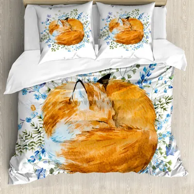 Produktbild von ABAKUHAUS Fuchs Bettbezug Set, Schlafender Fox in der Aquarell-Hand gezeichneten frischen Blumen-Grafik der wilden Blumen, 200 x 200 cm + 80 x 80 cm, Orange Blue Olivgrün