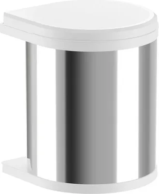 A product shot of a white and silver trash can.