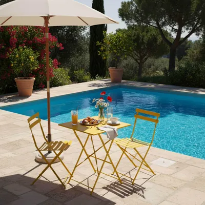 Immagine prodotto di Tavolo da giardino e 2 sedie in acciaio giallo - Oviala Rome