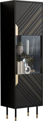 Produktbild von MIRJAN24 Hochvitrine Mountain 54, Standvitrine mit Drehtür, Gehärtetes Glas, Metallfüße, 54x40x180 cm (Farbe: Schwarz / Schwarz + Gold)