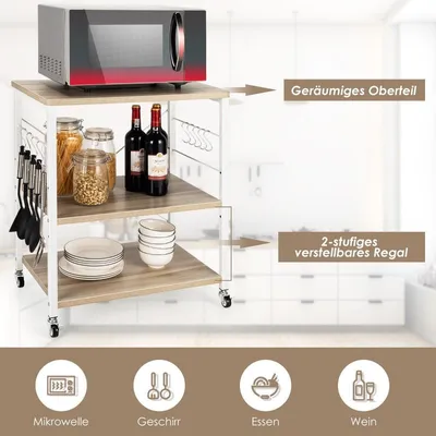 Immagine prodotto di Carrello di servizio a 3 livelli con ripiano regolabile e 10 ganci rimovibili 60 x 40 x 73 cm naturale