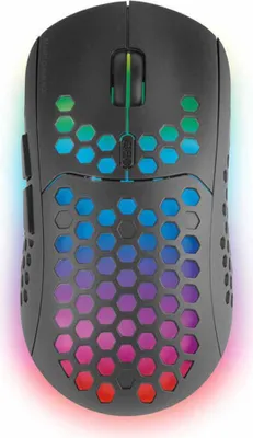 A top-down view of a black gaming mouse with RGB lighting.