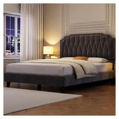 Produktbild von Polsterbett Doppelbett 140 × 200 cm Stoffbett Jugendbett mit höhenverstellbarem Kopfteil und Lattenrost, Dunkelgrau