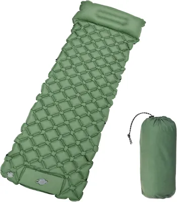 Obrázok produktu pre Samonafukovacia karimatka, nafukovacia matrace na kemping, 200x70x7 cm, zelená, vodotesná karimatka s pumpou a vankúšikom, ultraľahká, prenosná a ergonomická