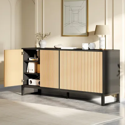 Produktbild von Merax Sideboard Kommoede mit 4 Türen und vertikale Rillenprägung, Schuhschrank mit verstellbare Böden, Aufbewahrungsschrank, Wohnzimmer, Schwarz Natur