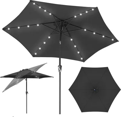 Produktbild von Izrielar 2.7m Sonnenschirm UV50+ Neigbar Sonnenschutz Gartenschirm Strandschirm LED Solar, knickbar, Schirmtuch mit PA-Beschichtung, Grau
