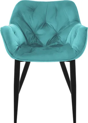 A teal velvet dining chair with black legs, shown from the front.