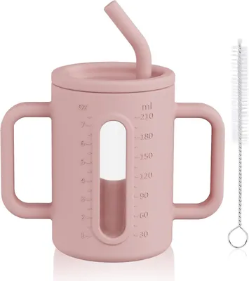 Produktbild von Trinkbecher mit Silikon-Ausguss, 210 ml, mit Deckel, Strohhalm und 2 Griffen, für Kleinkinder