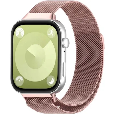 A smartwatch with a rose gold Milanese band is displayed against a white background.