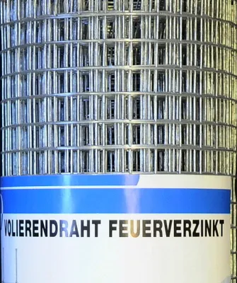 A roll of galvanized wire mesh is shown, with a blue and white label at the bottom.