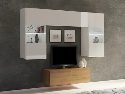 Produktbild von Wohnwand CALABRINI-10 Wohnzimmer-Set Hängewohnwand Schrankwand mit LED-Beleuchtung TV-Schrank Vitrine Moderne Anbauwand Hochglanz (Weiß / Goldene Eiche)