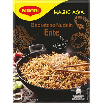 A product package for Maggi Gebratene Nudeln Ente, showing a bowl of noodles.