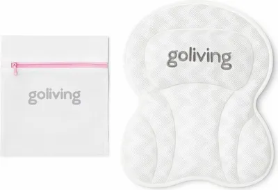 Produktbild von Goliving Badewannenkissen – Ergonomisches Kissen für die Badewanne – Mit 6 Saugnäpfen – Inklusive Waschbeutel – Rutschfest, leicht und wasserdicht – 100 % Polyester – Weiß