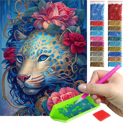Produktbild von ARTULIO Diamond Painting Set - Bunter Gepard mit roten Blütenakzenten - 30 x 40 cm - 5D Crystal Art, Bilder DIY